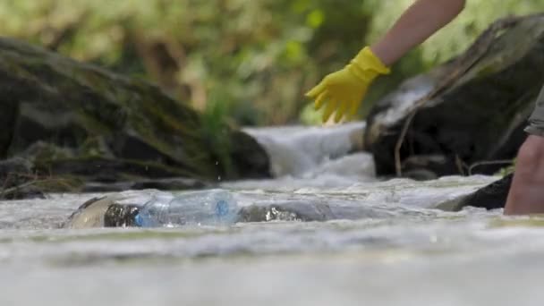 ボランティアの手は、山の川から廃水をきれいにペットボトルを拾う。プラスチックごみ水は川の岩を流れる。プラスチックごみ水自然流れる。森の川を掃除するボランティア — ストック動画