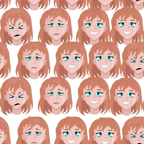 Motif sans couture avec le visage d'une femme avec des émotions différentes sur un fond blanc — Image vectorielle
