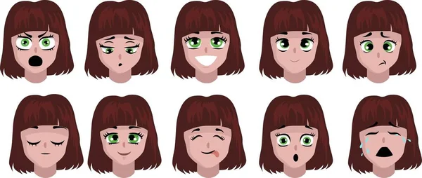Set of woman s emotions. Facial expression. Girl Avatar. Vector illustration of a flat design — Stock Vector