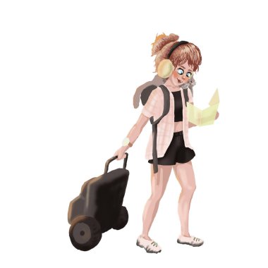 Tekerlekli bavullu, elinde kart, omzunda kedi olan kız gider.