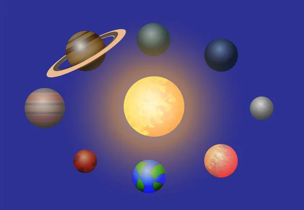 Сонячна система з зорями, Сонцем, Плутоном, Нептуном, Ураном, Венерою, Меркурієм, Сатурном, Юпітером, Марсом, Землею і Місяцем на орбіті. Планети на орбіті навколо Сонця. Набір планет. Поверхня сонячної системи. — стоковий вектор