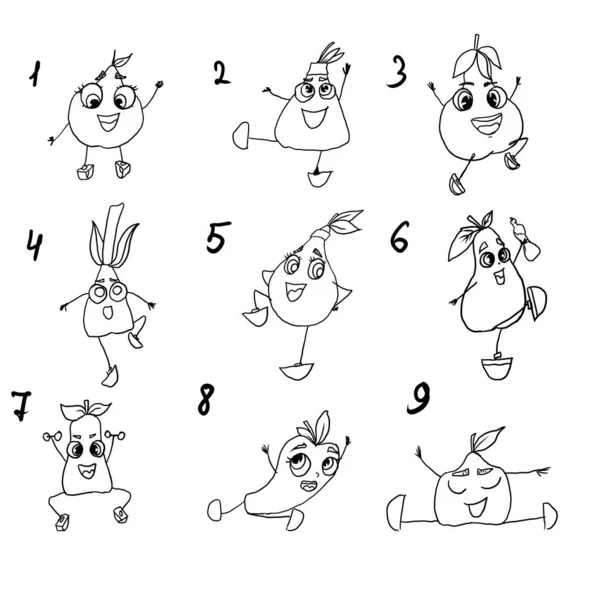 Linear drawing of a cartoon pear of different shapes and in different poses — Stock Photo, Image