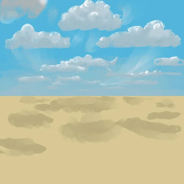 Chmury na błękitnym niebie w perspektywie rzucają cień na żółtą trawę. Malowany krajobraz z miejscem na tekst — Zdjęcie stockowe