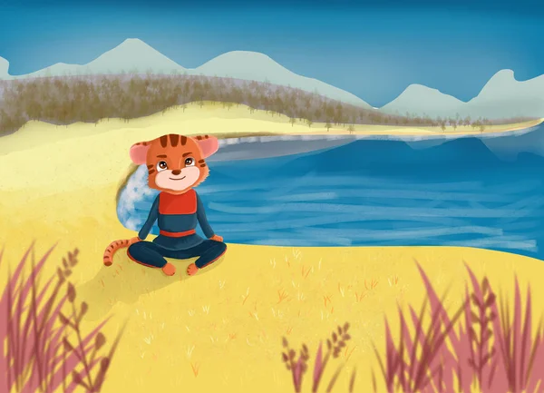 Tygrysie szczenię w sportowym mundurze mistrza kung fu siedzi na brzegu jeziora. Cute stylu kreskówki ilustracji w jesiennych kolorach — Zdjęcie stockowe