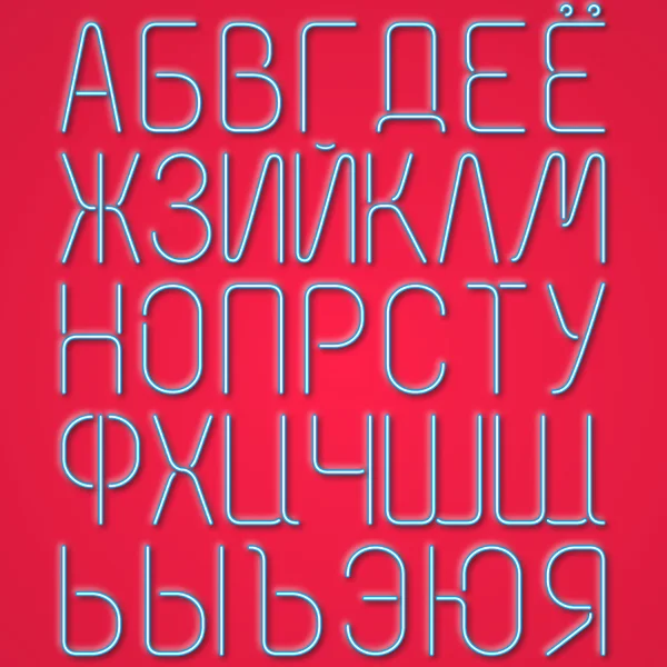 Lettere cirilliche al neon blu su sfondo rosso — Vettoriale Stock
