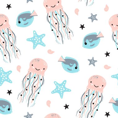 Denizanası ve denizyıldızı desenli şirin bir desen.. 