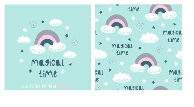 El çizimi elementlerle çizilmiş sevimli gökkuşağı deseni. Çocuk kıyafetleri ve çocuk odası dekorasyonu için harika. Vektör İllüstrasyonu