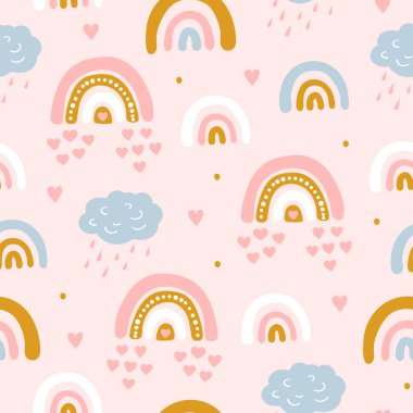 Gökyüzünde bulut ve gökkuşağı olan kusursuz bir desen. Yaratıcı çocuklar kumaş, ambalaj, tekstil, duvar kağıdı ve giysi için el yapımı kumaş. Vektör illüstrasyonu