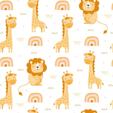 Zürafalar, aslanlar ve gökkuşaklarıyla kusursuz şirin bir desen.. 
