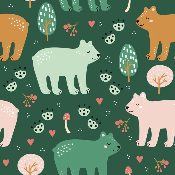 Seamless Woodland Pattern Cute Bear — Stock Vector