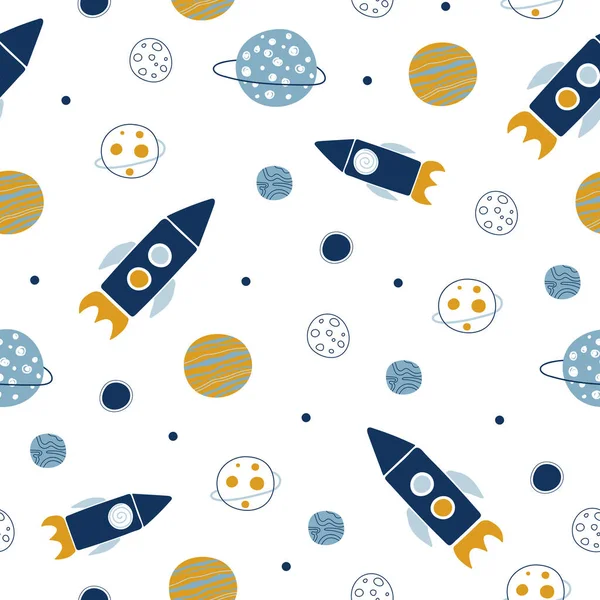 Seamless Space Pattern Rockets Planets — Stock Vector