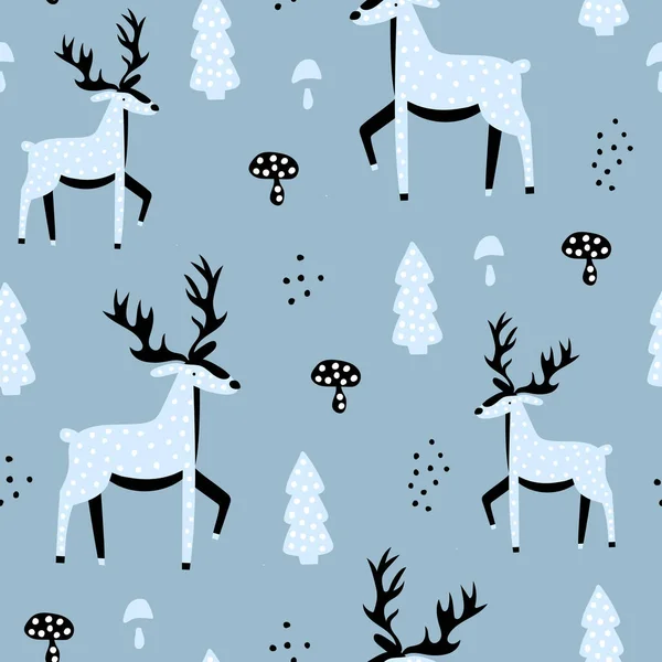 青い鹿とかわいいシームレスなパターン — ストックベクタ