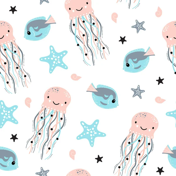 Mignon Motif Sans Couture Avec Méduses Étoiles Mer — Image vectorielle