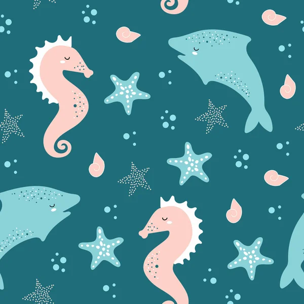 クジラとかわいいシームレスなパターン — ストックベクタ
