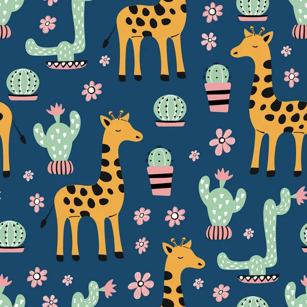 Modèle Sans Couture Avec Girafe Mignonne Cactus — Image vectorielle