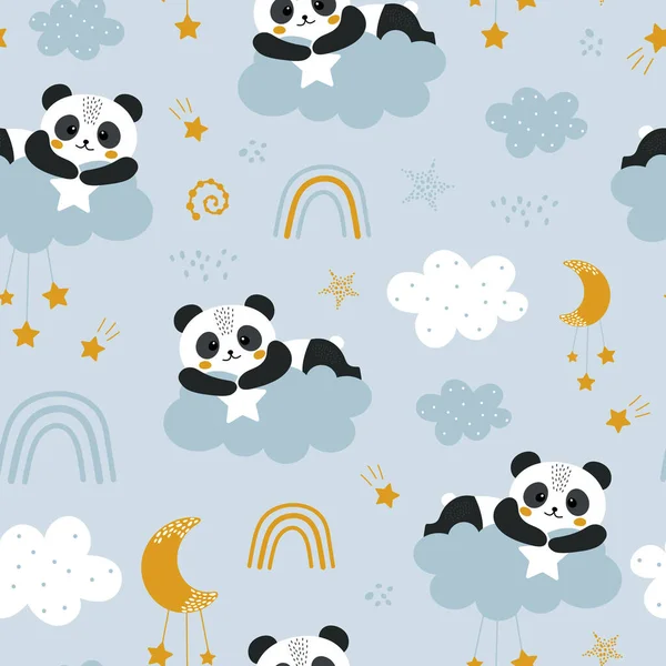 Lindo Patrón Sin Costuras Con Panda Nubes — Archivo Imágenes Vectoriales