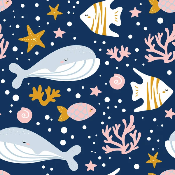 用鲸鱼 独角鲸 螃蟹制作的精美无缝图案 — 图库矢量图片