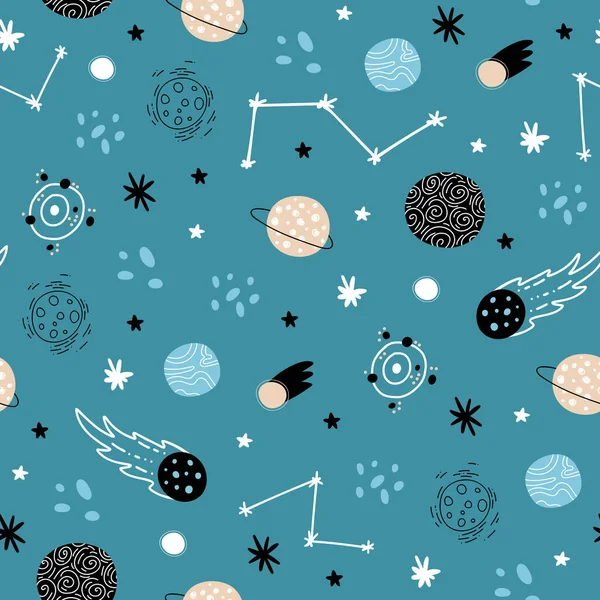 Seamless Space Pattern Rockets Stars Planets Solar System Constellations Cosmic — Stock Vector