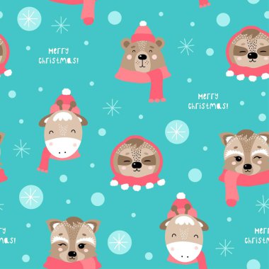 Noel ve şirin hayvanların geçirdiği kusursuz yeni yıl şablonu. Ayı, zürafa, tembel hayvan, rakun. Vektör tasarım şablonu..