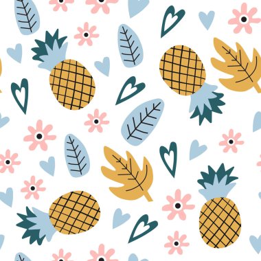 Piineapples ile kusursuz çocuksu desen. Kumaş, ambalaj, tekstil, duvar kâğıdı, giysi için yaratıcı doku. Vektör illüstrasyonu