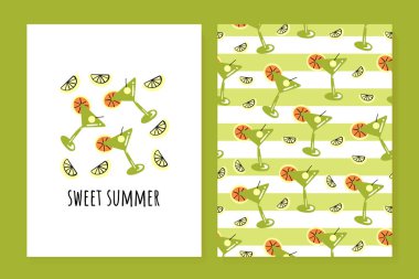 Bir çift şirin yaz kartı. Kokteyl, limon. Yaz posterleri. Vektör illüstrasyonu.