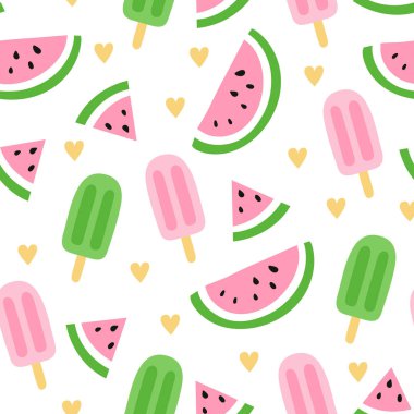 Dondurmalı, karpuzlu kusursuz çocuksu desen. Kumaş, ambalaj, tekstil, duvar kağıdı ve giysi için yaratıcı doku. Vektör illüstrasyonu