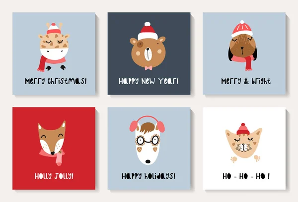 Zestaw Kartek Świątecznych Uroczymi Zwierzętami Drukuj Dla Przedszkola Odzieży Dziecięcej — Wektor stockowy