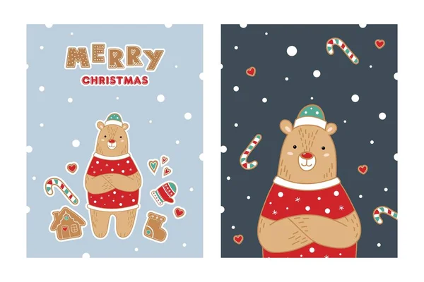 Postkarten Mit Einem Niedlichen Bären Neues Jahr — Stockvektor
