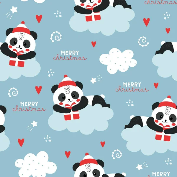 Padrão Natal Bonito Com Panda Fundo Crianças Vetor Sem Costura — Vetor de Stock