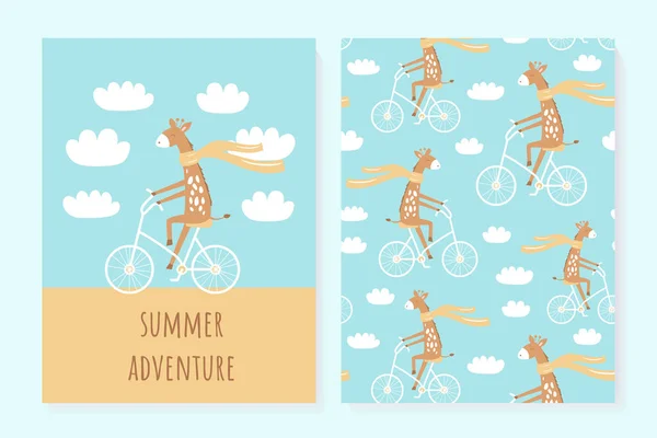 Juego Lindas Tarjetas Verano Giraffee Carteles Verano Ilustración Vectorial — Vector de stock