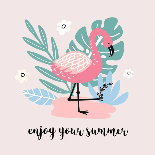 Sommar Banner Med Söta Flamingo Och Handritade Element Perfekt För — Stock vektor