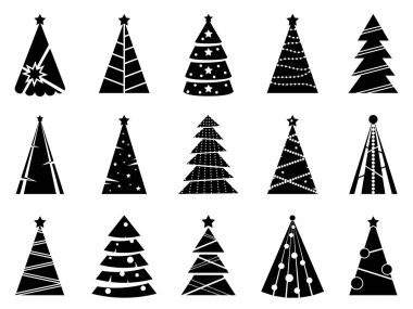 Beyaz arka planda izole edilmiş şenlikli süslemeleri olan siyah Noel ağaçları silueti. Tebrik kartı, poster, davet, web pankartı için vektör düz illüstrasyon.