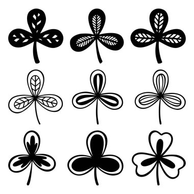 Yonca, folyo ya da yonca yaprağı seti, Aziz Patrick Günü sembolü. Beyaz arkaplanda izole edilmiş siluet vektör çizimleri
