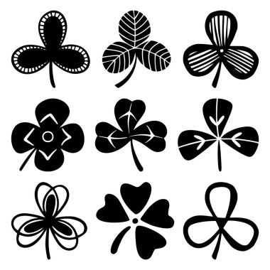 Yonca, folyo ya da yonca yaprağı seti, Aziz Patrick Günü sembolü. Beyaz arkaplanda izole edilmiş siluet vektör çizimleri.