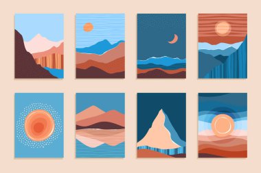 Abstract contemporary aesthetic landscape, bohemian modern background, minimalist wall decor for posters, banners, layouts. Vector illustration.
