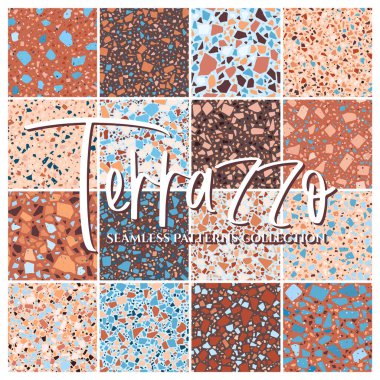 Terrazzo tile floor texture seamless patterns big collection, vector abstract background with chaotic mosaic pieces, composed of natural stone, marble, glass and concrete imitations. clipart