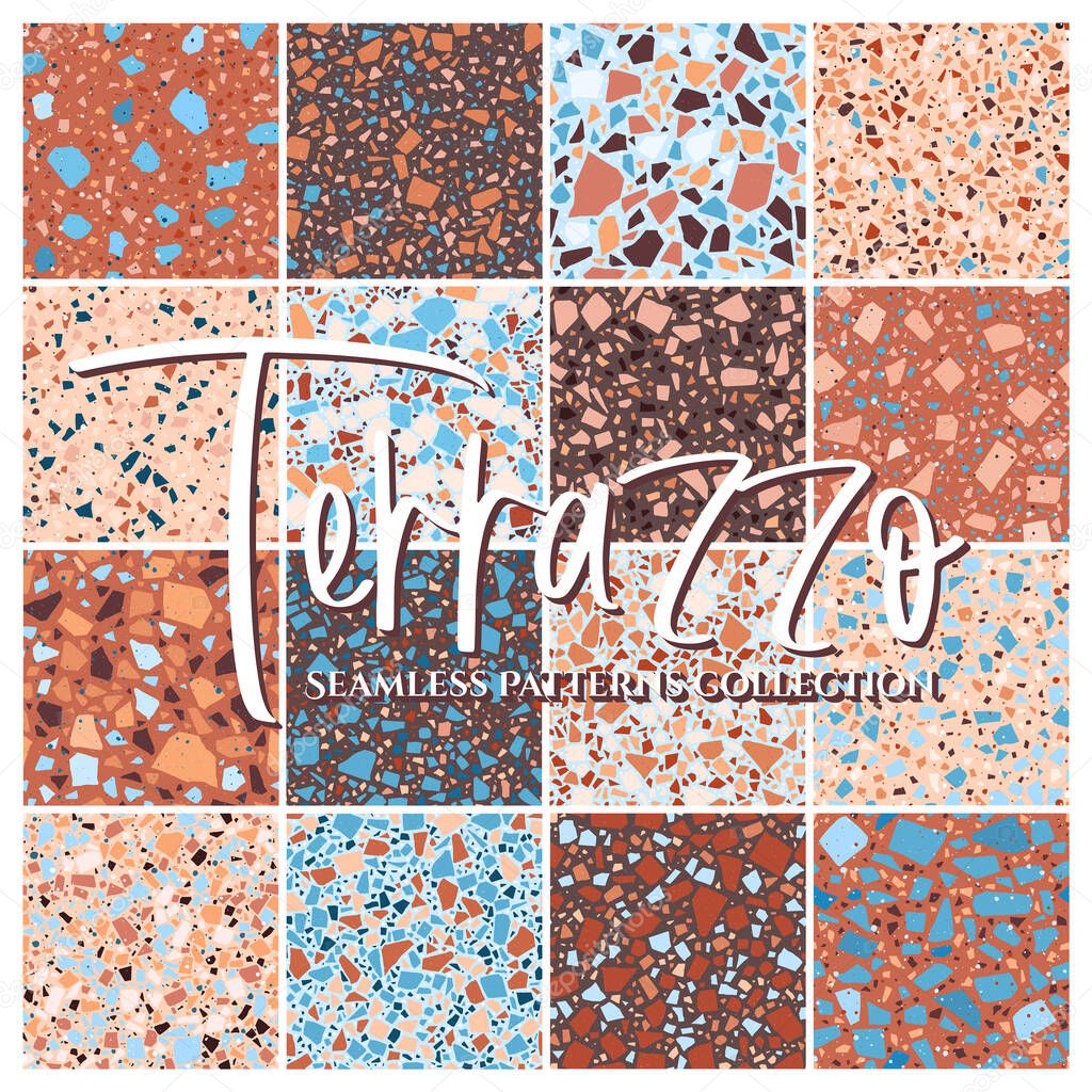 Terrazzo tile floor texture seamless patterns big collection, vector abstract background with chaotic mosaic pieces, composed of natural stone, marble, glass and concrete imitations.