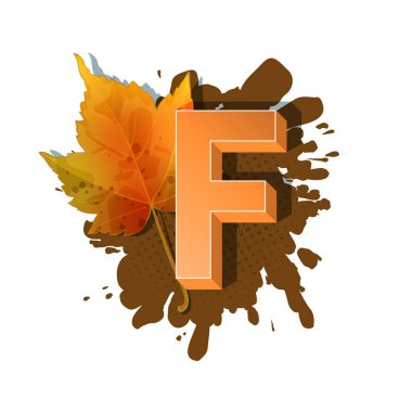 Sonbahar 3D pop sanat alfabesi, koyu renkli F harfi ve yarım tonlu akçaağaç yaprağı ve benekli arka plan. Web siteleri, posterler, çizgi romanlar ve afişler için retro çizgi roman tarzında çok katmanlı komik vektör harfleri.