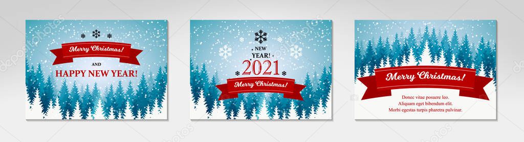 Pack of Merry Christmas and Happy New Year horizontal greeting cards with beautiful winter scenery. Blue Christmas tree landscape with snow. Vector illustration with hand drawn elements