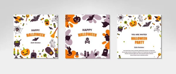 Set Van Halloween Leuke Vierkante Spandoeken Ruimte Voor Tekst Vectorillustratie — Stockvector