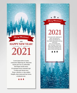 İki taraflı Mutlu Noeller ve güzel kış manzaralı dikey tebrik kartı. Karlı mavi Noel ağacı manzarası. Elle çizilmiş ögelerle vektör illüstrasyonu