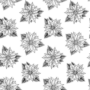 El çizimi, beyaz arka planda izole edilmiş noktalı çiçeklerle kusursuz bir Noel deseni. Noel tasarım unsurları. Robot resim biçiminde vektör illüstrasyonu.