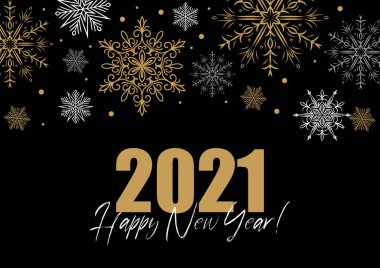 Yatay Mutlu Noeller ve siyah arka planda güzel altın kar taneleri olan yeni yıl tebrik kartı. Sancaklar, masajlar, kartpostallar, duyurular için Noel tasarımı. Metin için boşluk