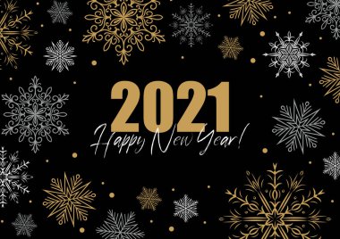 Yatay Mutlu Noeller ve siyah arka planda güzel altın kar taneleri olan yeni yıl tebrik kartı. Sancaklar, masajlar, kartpostallar, duyurular için Noel tasarımı. Metin için boşluk