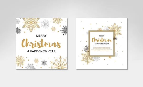 İki taraflı mutlu noeller ve yeni yıl tebrik kartı üzerinde güzel bir Noel ağacı ve beyaz arka planda altın kar taneleri olan. Metin için alanı olan çerçeve