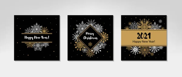 Conjunto Cartões Feliz Natal Ano Novo Com Belos Flocos Neve — Vetor de Stock