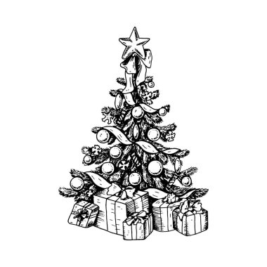 Hand drawn decorated Christmas tree with gift boxes isolated on white background. Design element for Christmas cards, invitations, decorations. Vector illustration in sketch style vector Hand drawn decorated Christmas tree with gift boxes isolated on white background. Design element for Christmas cards, invitations, decorations. Vector illustration in sketch style vector