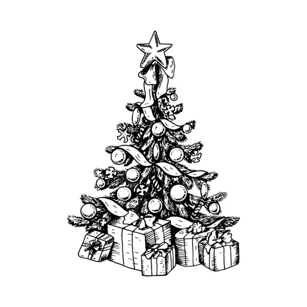 Beyaz arka planda izole edilmiş hediye kutularıyla elle çizilmiş Noel ağacı. Noel kartları, davetiyeler, dekorasyonlar için tasarım öğesi. Robot resim biçiminde vektör illüstrasyonu