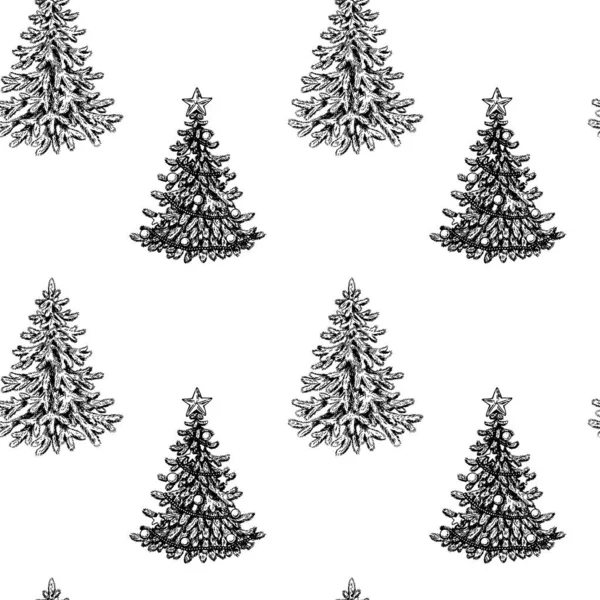 Weihnachten Nahtlose Muster Mit Handgezeichneten Geschmückten Tannenbäumen Isoliert Auf Weißem — Stockvektor