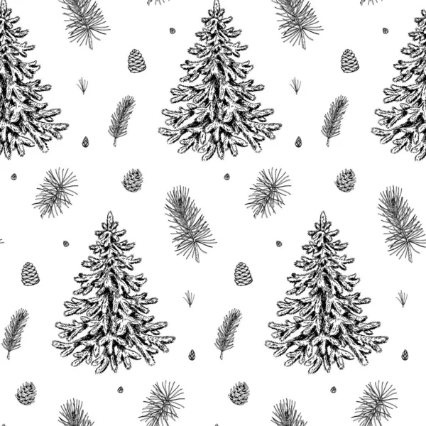 Kerstmis Naadloos Patroon Met Hand Getekende Gedecoreerde Dennenbomen Geïsoleerd Witte — Stockvector